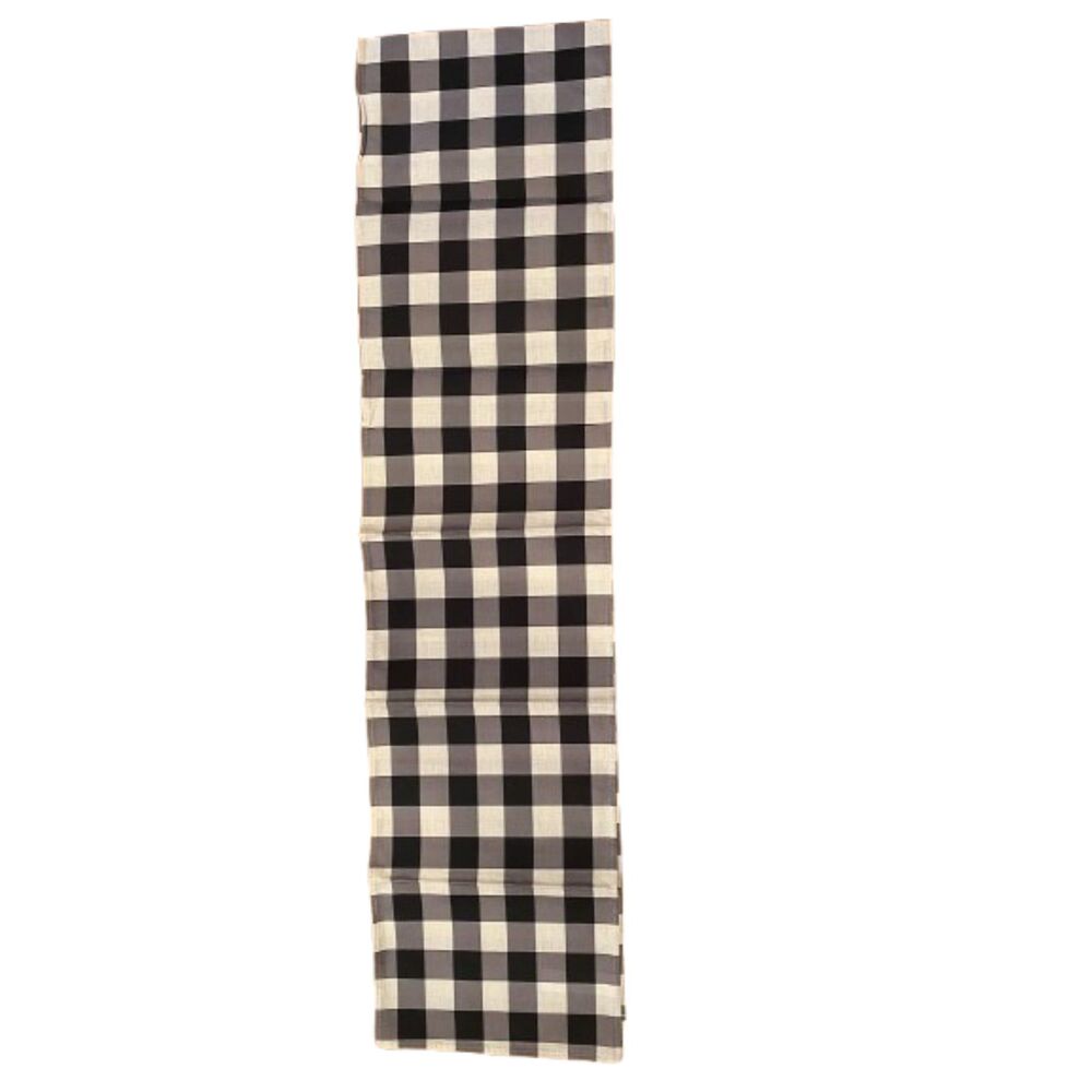Table Runner 13x108in Black, Gray & White Check Woven Polyester